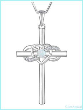 Sterling Silver Cross Necklace Infinity Heart Crucifix Pendant Created Opal